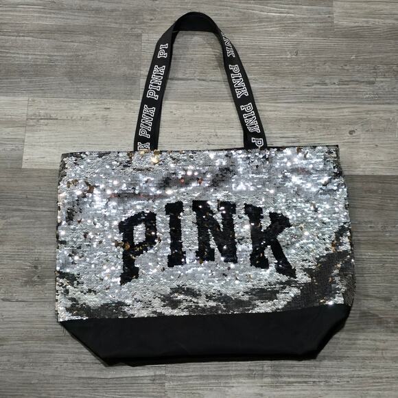 PINK Silver & Black Sequin Large Overnight Tote Carry All Beach Bag - Picture 10 of 10